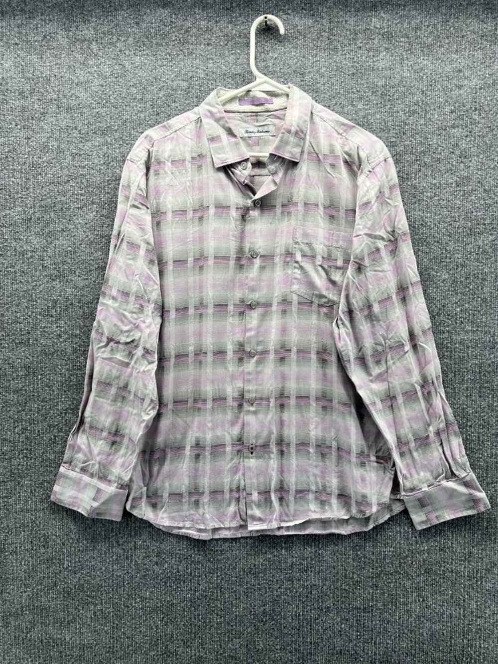 Tommy Bahama Shirt Men L Gray Pink Plaid Long Sleeve Button Up Woven Casual
